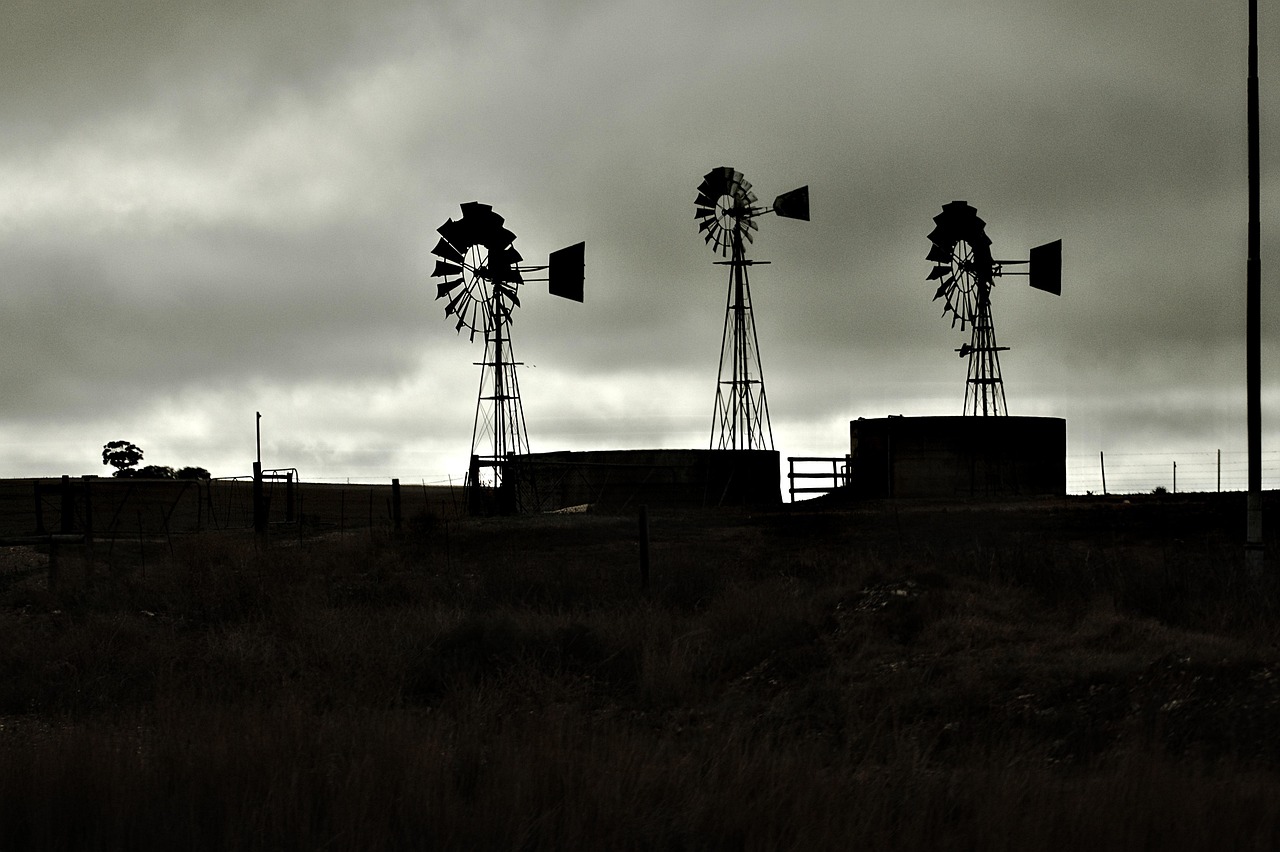 windmill, wind mill, south africa, rural, farming, old, landscape, clouds, dark, dayz, nature, atmosphere, hills